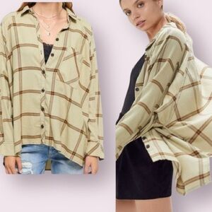 Urban Outfitters Brendan Drapey Flannel Button Down Shirt Green Brown Size XS